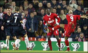 El Hadji Diouf gives Liverpool a perfect start as he scores with a 20-yard shot after eight minutes 