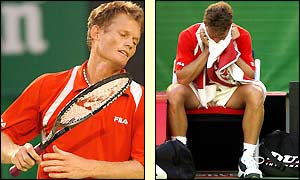 Wayne Ferreira looks dejected as Andre Agassi piles on the pressure in their semi-final