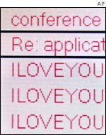 Love Bug virus screen shot, AP