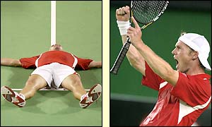 A delighted Rainer Schuettler celebrates reaching his first ever Grand Slam final where Andre Agassi awaits him