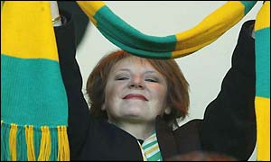 Norwich City owner Delia Smith waves her scarf in delight