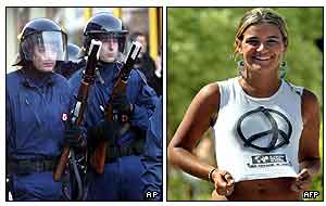 Swiss riot police and a student at the Brazilian forum