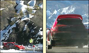 Peugeot duo Marcus Gronholm and Britain's Richard Burns tackle the second day of the rally in wintry conditions