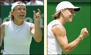 Martina Navratilova argues a line call and celebrates winning a point as she nears victory with Paes