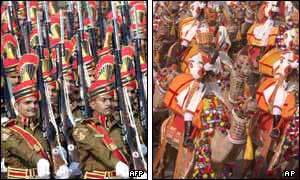 Delhi Police march with rifles (left) and the Indian Army Camel Brigade (right)