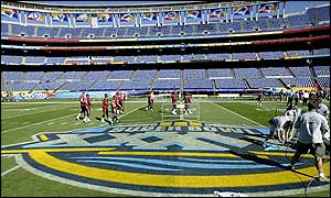 Groundstaff put the finishing touches to the Qualcomm Stadium
