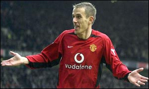 Phil Neville celebrates his goal v West Ham