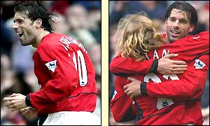 Ruud van Nistelrooy celebrates his first goal and is congratulated by Diego Forlan on his second