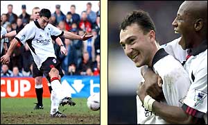 Steed Malbranque scores from the penalty spot and is congratulated by Luis Boa Morte