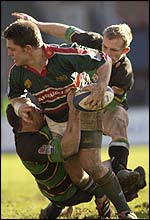 Leicester's Rod Kafer in action against Northampton