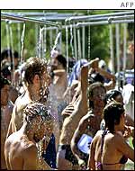Visitors to the world social forum taking a shower