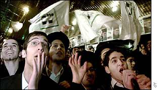 Shas supporters follow results on TV from party HQ