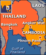Map of Thailand and Cambodia showing Bangkok, Phnom Penh and Angkor Wat
