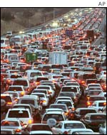 Streams of cars clog a major highway in Seoul 