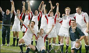England show off their Sevens trophy