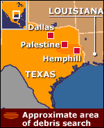 Map showing approximate area where shuttle debris has come down