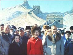 Nixon and wife with crowd on the Great Wall of China