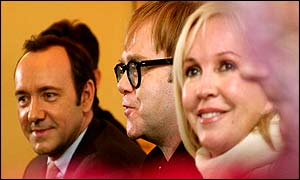 Kevin Spacey (left), Elton John and Old Vic Chief Executive Sally Greene