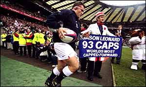 Jason Leonard runs out against Romania for his 93rd cap, a record for a forward