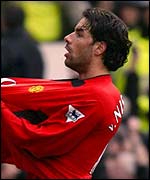 Ruud van Nistelrooy celebrates scoring for Man Utd