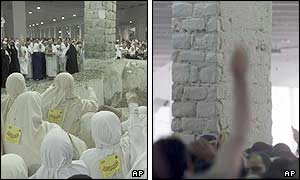 Pilgrims throw stone at the pillar