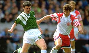 Roy Keane in action against Denmark in 1993