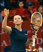 Lina Krasnoroutskaya celebrates victory over Monica Seles