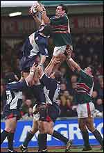 Martin Johnson wins a line-out for Leicester against Bristol