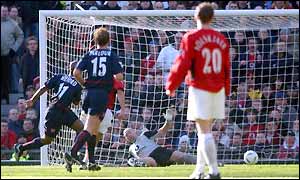 Sylvain Wiltord scores for Arsenal to give the Gunners a 2-0 win