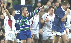 England celebrate victory as referee Paul Honiss blows the final whistle