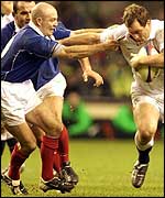 England's Richard Hill hands-off Gerald Merceron 