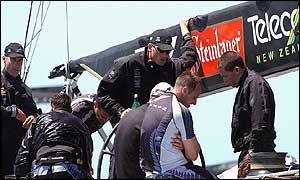 Team New Zealand skipper Dean Barker look disappointed after their race ends prematurely