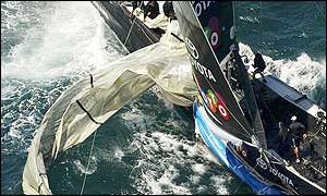 The New Zealand yacht's sail rips free as the after the boom is damaged