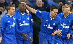 Graeme Le Saux, Jimmy Floyd Hasselbaink, Frank Lampard and Eidur Gudjohnsen celebrate taking the lead at Stoke