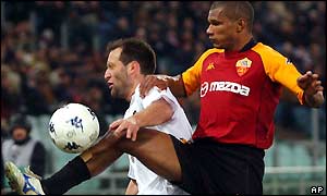 Francisco Rufete receives a high tackle from Roma's Francisco Govinho Lima 