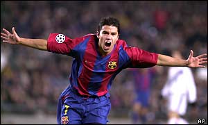 Javier Saviola celebrates after giving Spanish giants Barcelona the lead in the seventh-minute