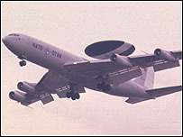 A Nato Awacs radar plane in flight