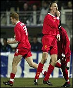 Liverpool's Sami Hyypia celebrates his winning goal