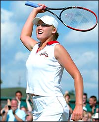 2002 - Elena Baltacha celebrates her win over 32nd sead Amanda Coetzer in the second round at Wimbledon