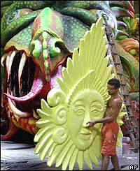 Rodrigo Bonan, a sculptor, prepares a float for carnival on Friday
