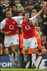 Arsenal's Francis Jeffers celebrates after scoring the opening goal with Thierry Henry 
