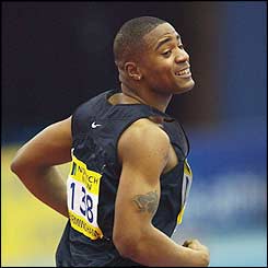 Lewis-Francis's time is 6.58 seconds much to his delight