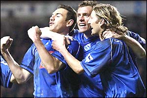 Stan Lazaridis celebrates his goal with his Birmingham team-mates