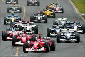 Reigning five-time world champion Michael Schumacher of Germany leads Ferrari team-mate Rubens Barrichello at the start