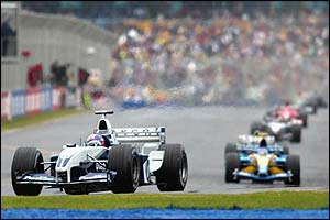 Juan Pablo Montoya leads the pack in his Williams-BMW 
