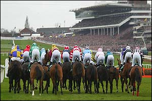 Runners bunch up in a group at the start of The Gerrard Wealth Management Supreme Novices Hurdle 