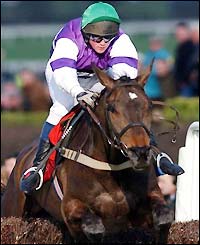 Kingscliff jumps the final fence to win the Steeplechase Challenge Cup