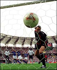 David Seaman is left floundering as Ronaldinho's free-kick nestles in the back of the net