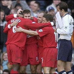 Emile Heskey puts Liverpool 2-1 ahead at White Hart Lane 