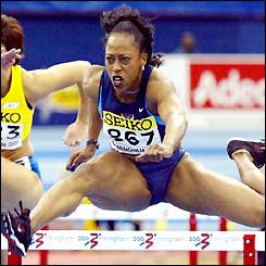Gail Devers in action during the women's 60m hurdles final